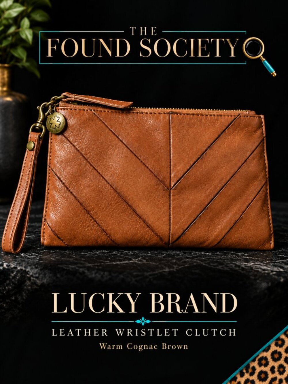 Lucky Brand Cognac Leather Chevron Wristlet Clutch Brown Boho